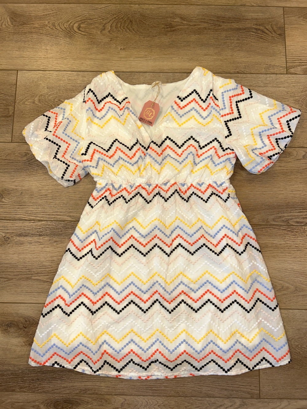 Women’s White Chevron Midi Dress with Multi-Color Zigzag